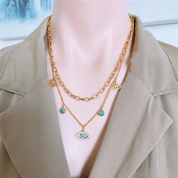 New 2 Layer Gold Tone Evil Eye Charms Stainless Steel Necklace - Picture 4 of 4